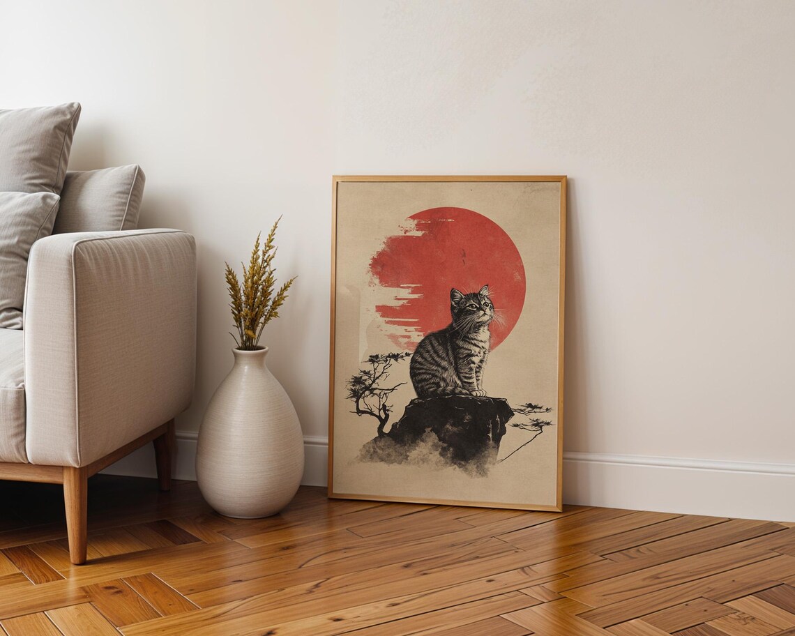 Japanese Tabby Cat Red Sun Sumi-e Style Art Poster for Wall Decor - Image 4
