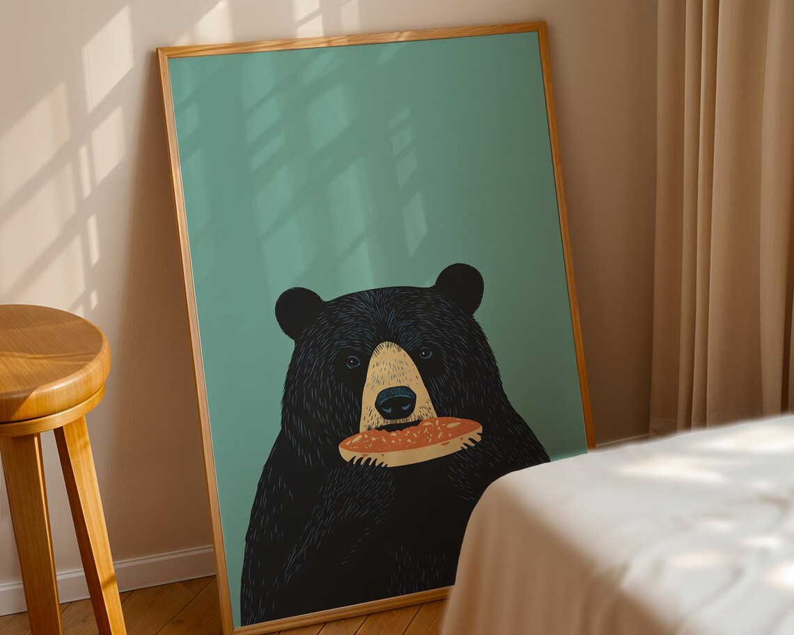 Adorable Black Bear Eating Pie Slice Minimalist Teal Kitchen Poster - Image 3