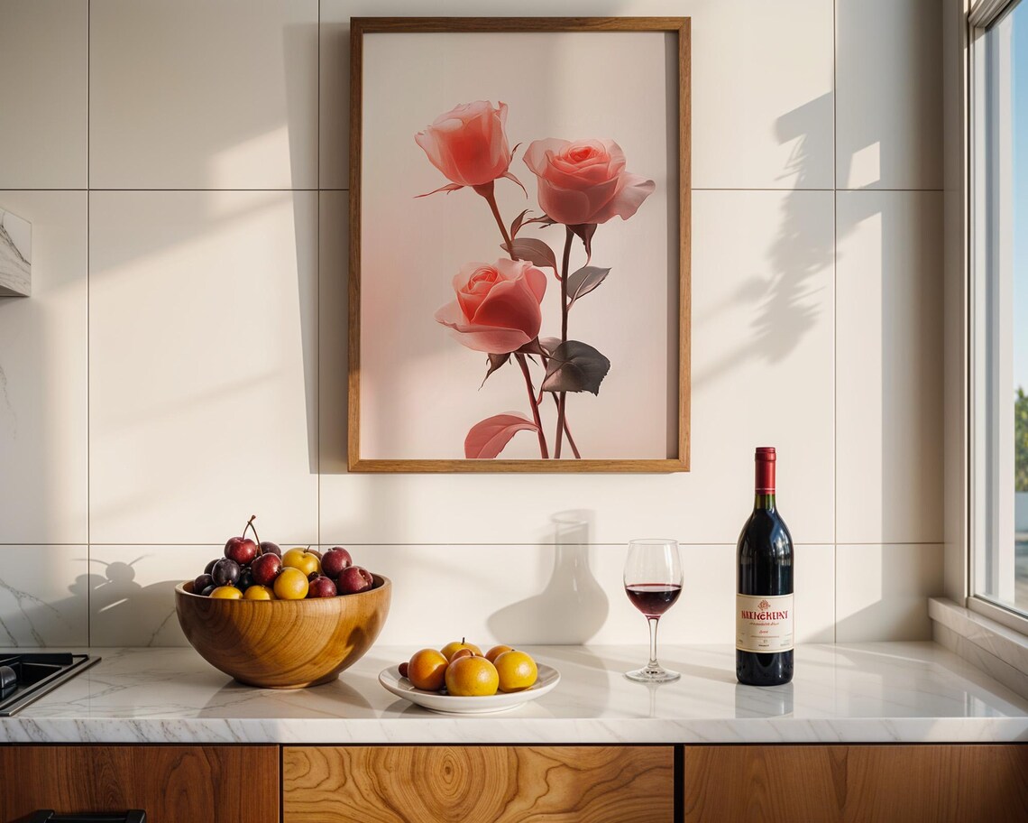 Triple Pink Roses, Elegant Kitchen Decor