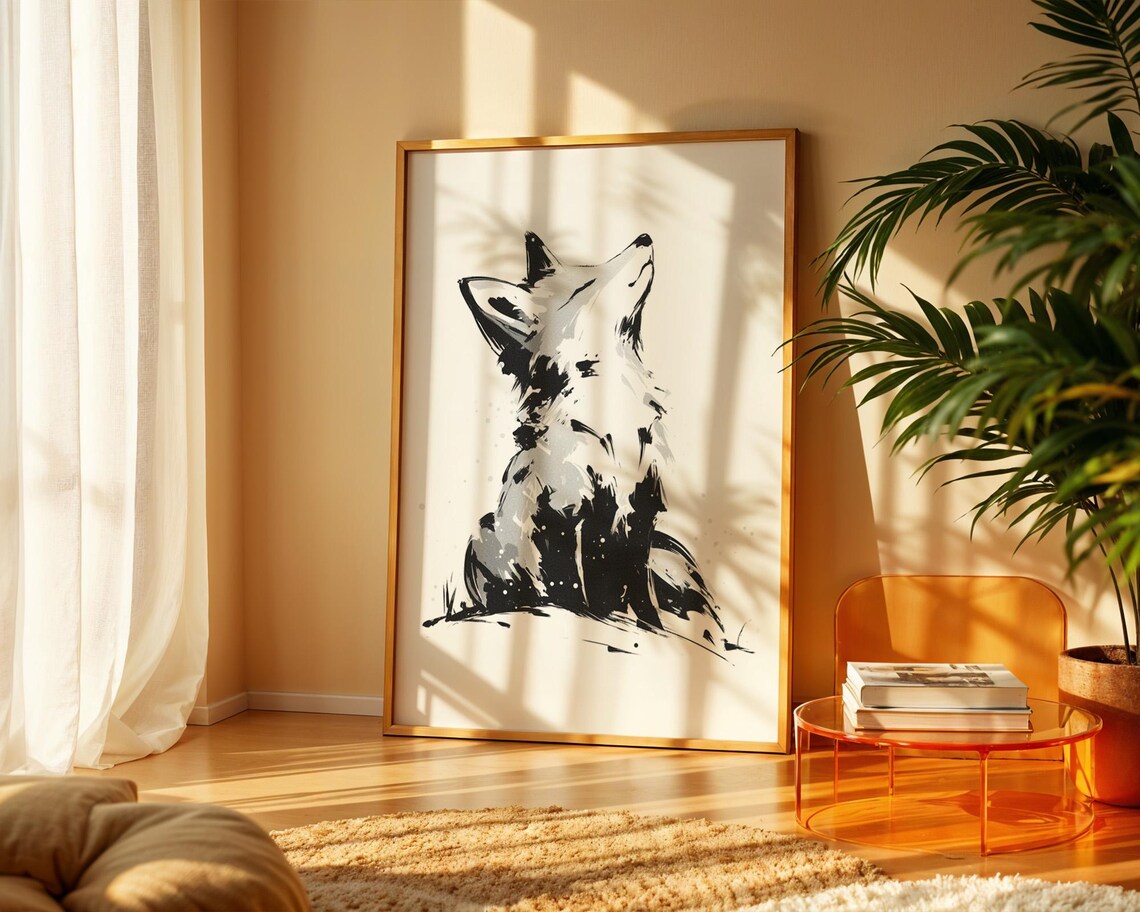 Monochrome Fox Gazing Up in Japanese Ink Wash Wall Art in Bold Black Brushstrokes - Image 4