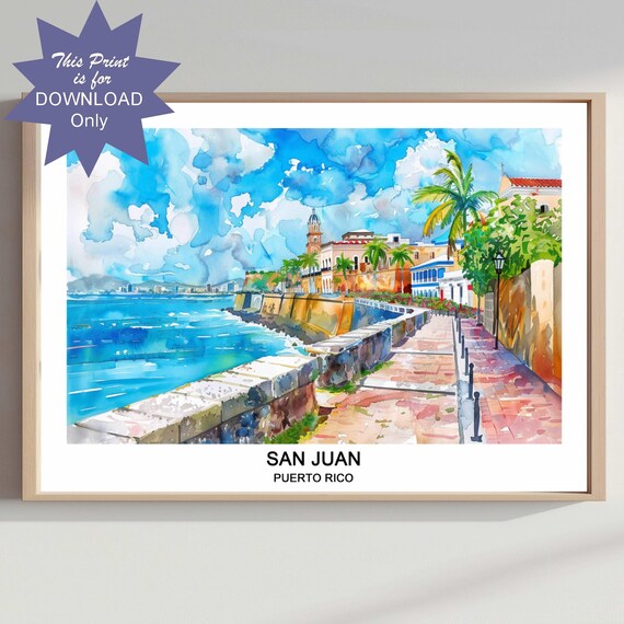 San Juan Puerto Rico Seaside Promenade Watercolor Travel Poster