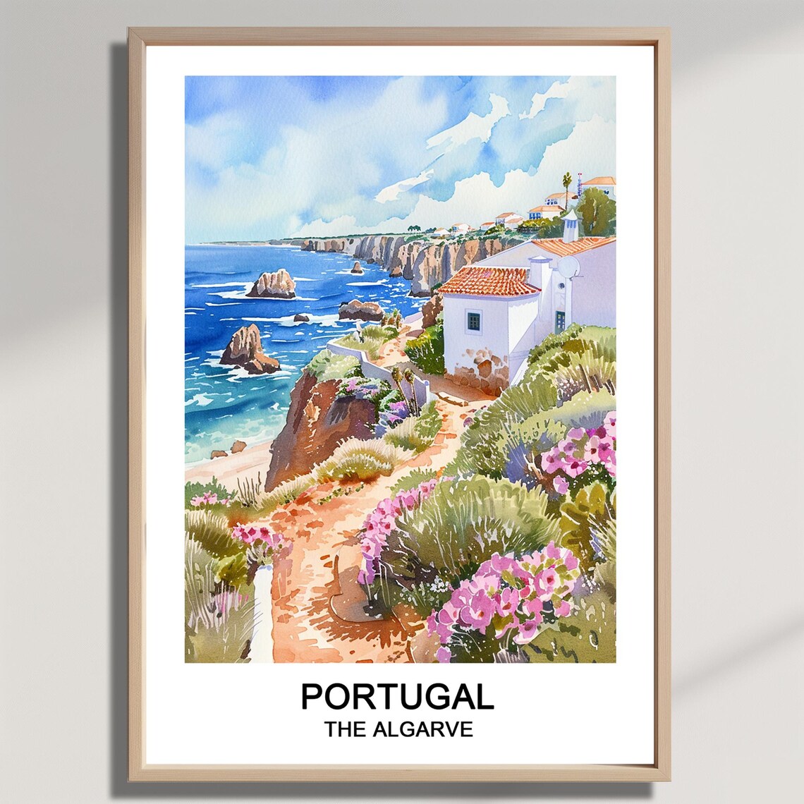 Portugal Algarve Watercolor Coastal Cliffs Beach Travel Poster