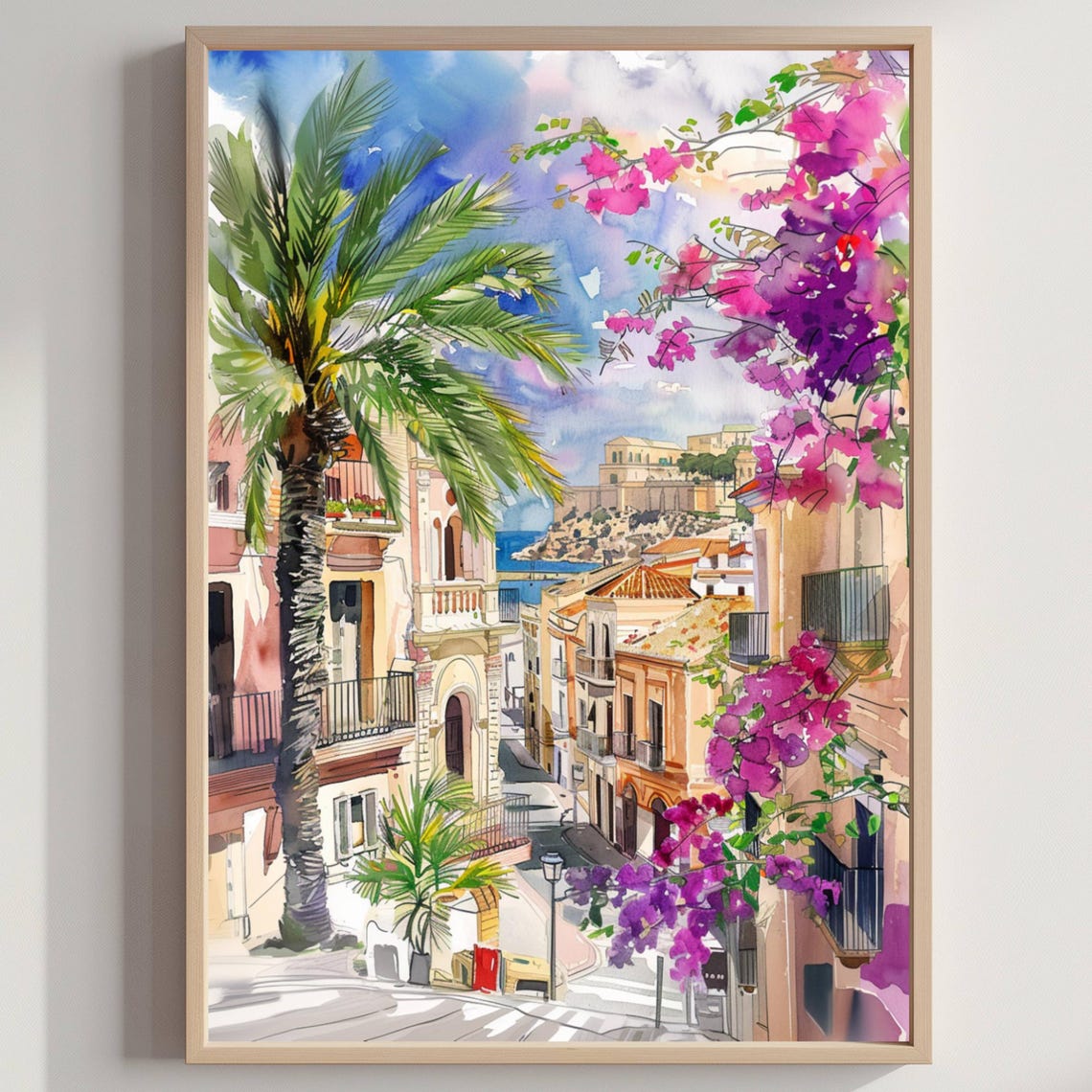Alicante Spain Watercolor Coastal Street Bougainvillea Poster