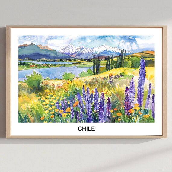 Chile Patagonia Watercolor Lake Mountain Lupine Wildflower Travel Poster