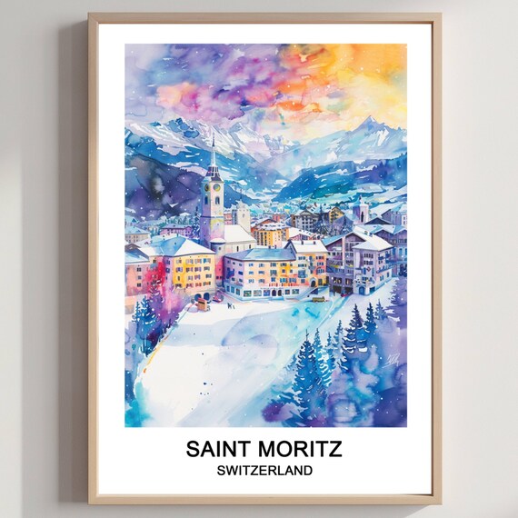 Saint Moritz Switzerland Snowy Alpine Town Clock Tower Watercolor Poster