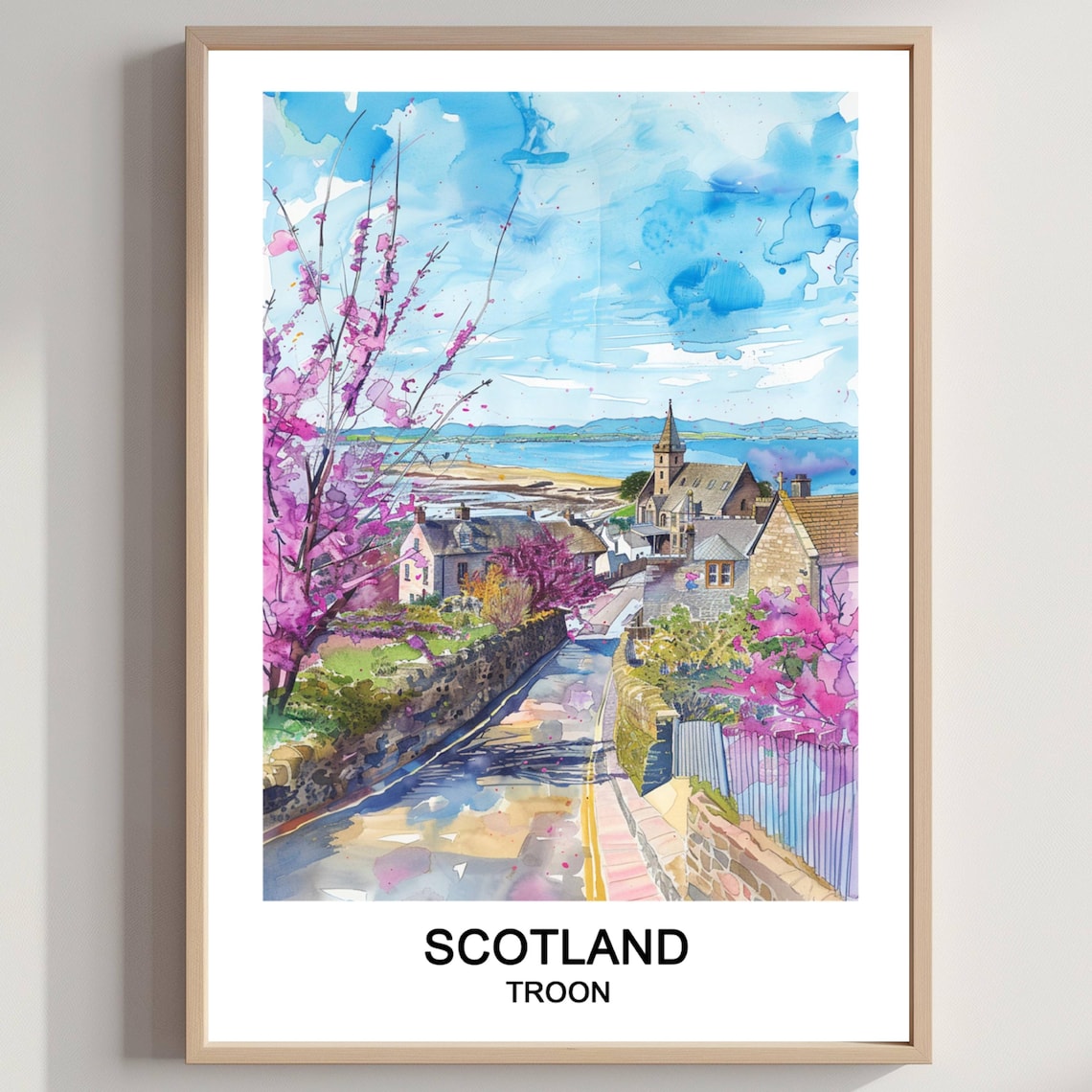 Troon Scotland Watercolor Seaside Town Travel Poster With Blossoms