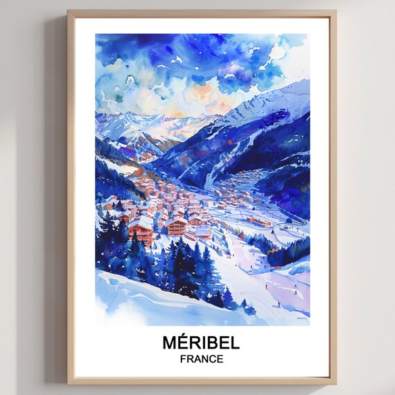 Meribel France Alpine Village Watercolor Winter Ski Resort Poster