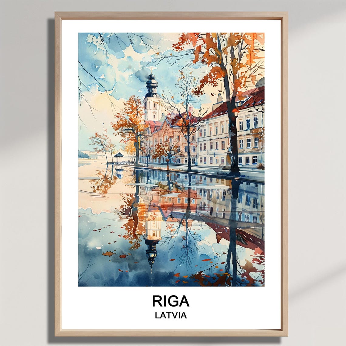 Riga Latvia Watercolor Autumn Canal Reflection Tower Old Town Poster