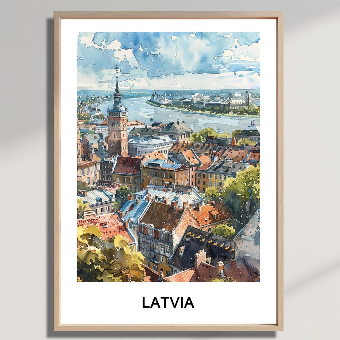Latvia Riga Watercolor Old Town Rooftops River Panorama Travel Poster