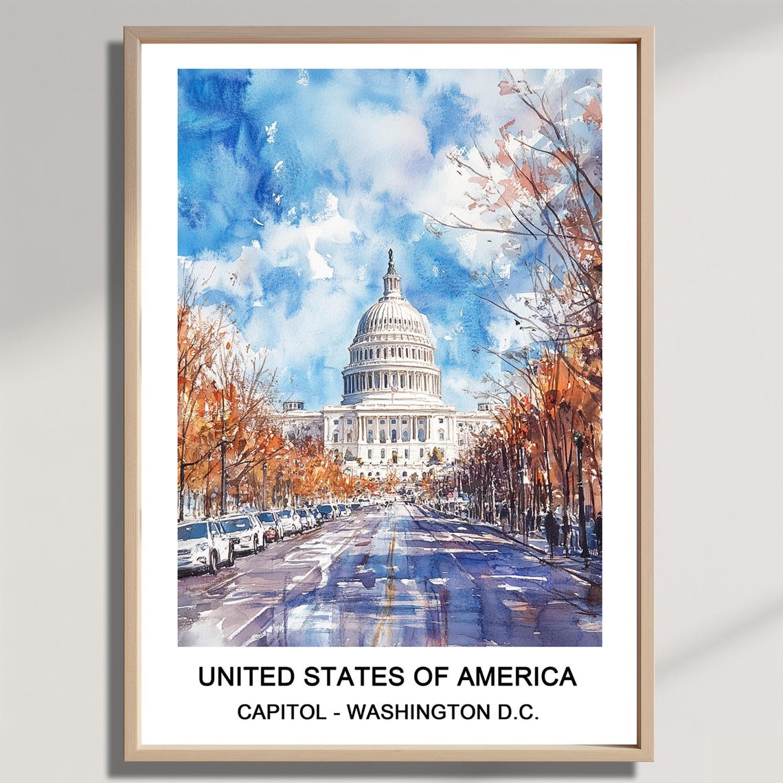 US Capitol Washington DC Autumn Watercolor Landmark Travel Poster