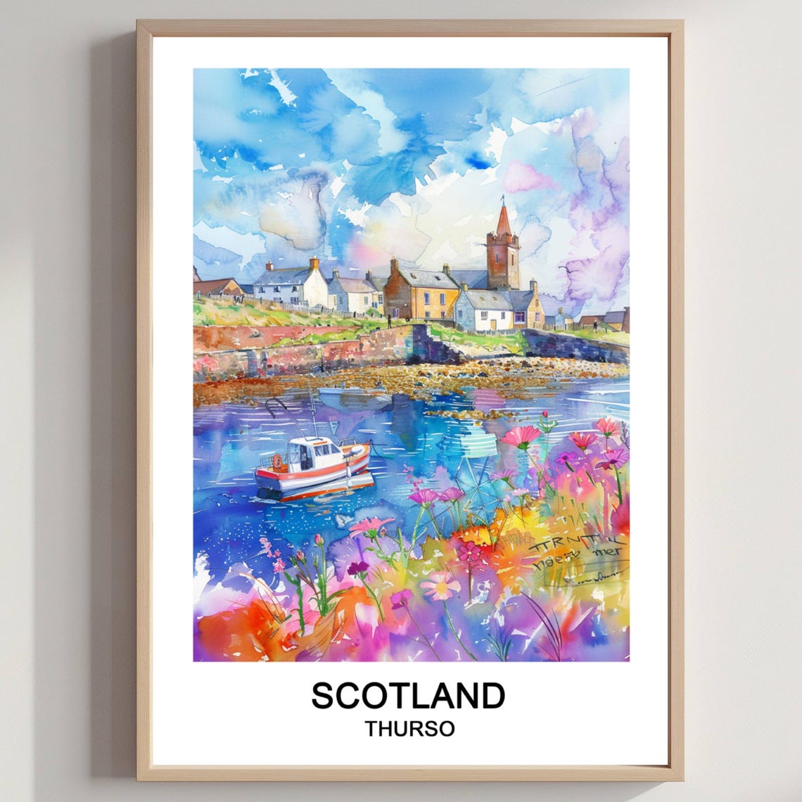 Thurso Scotland Fishing Boat Coastal Watercolor Travel Poster
