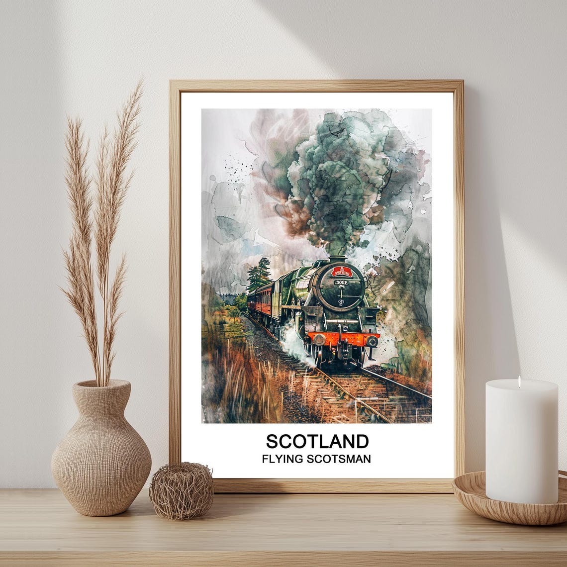 Flying Scotsman Steam Train Scotland Watercolor Railway Poster
