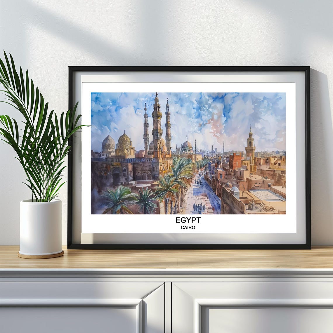 Cairo Egypt Watercolor Mosque Minarets Skyline Travel View Poster