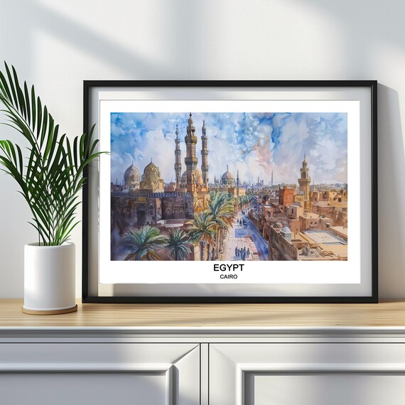 Cairo Egypt Watercolor Mosque Minarets Skyline Travel View Poster