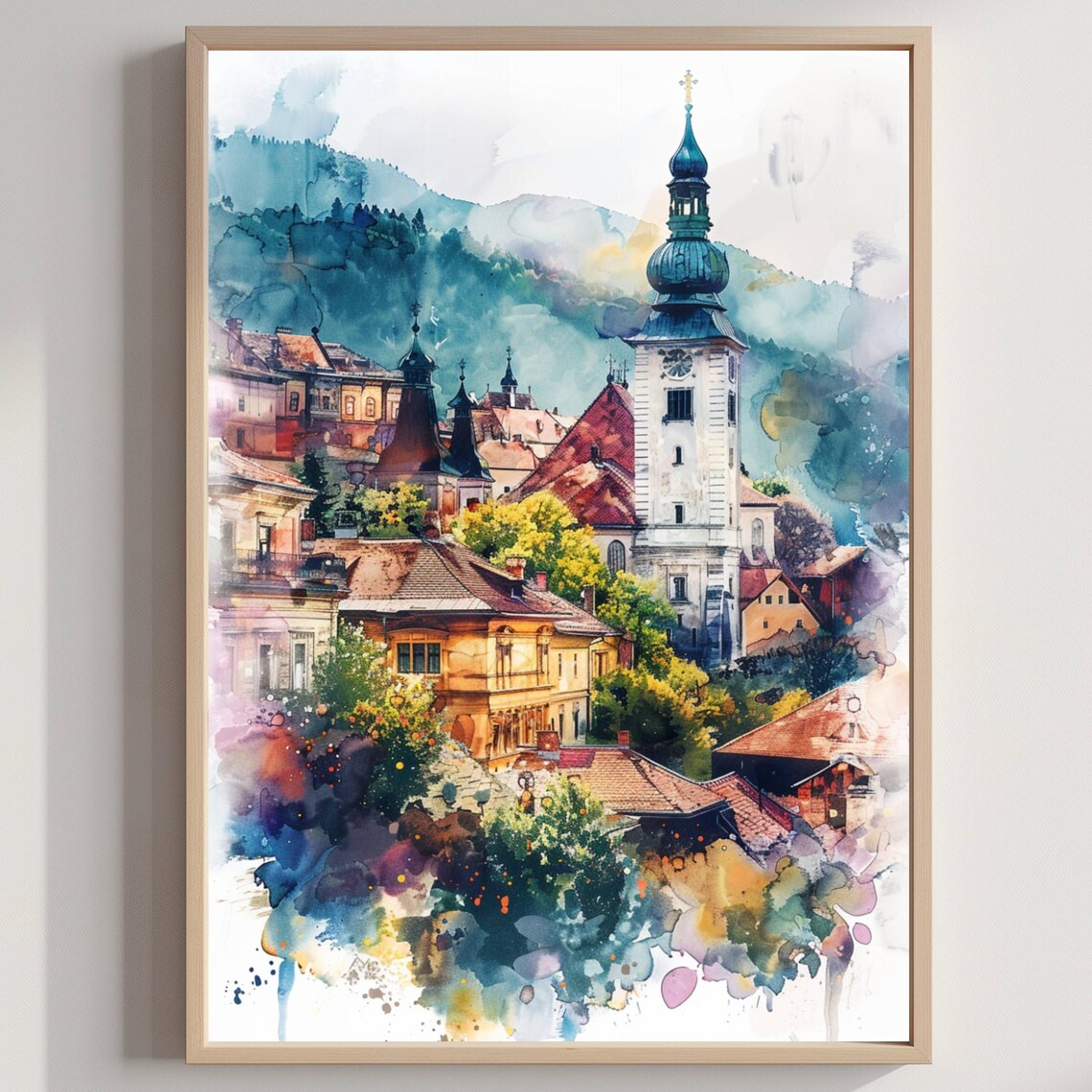 Romania Old Town Watercolor European Cityscape Travel Art Poster