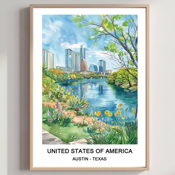 Austin Texas River Skyline Wildflower Garden Watercolor Travel Poster