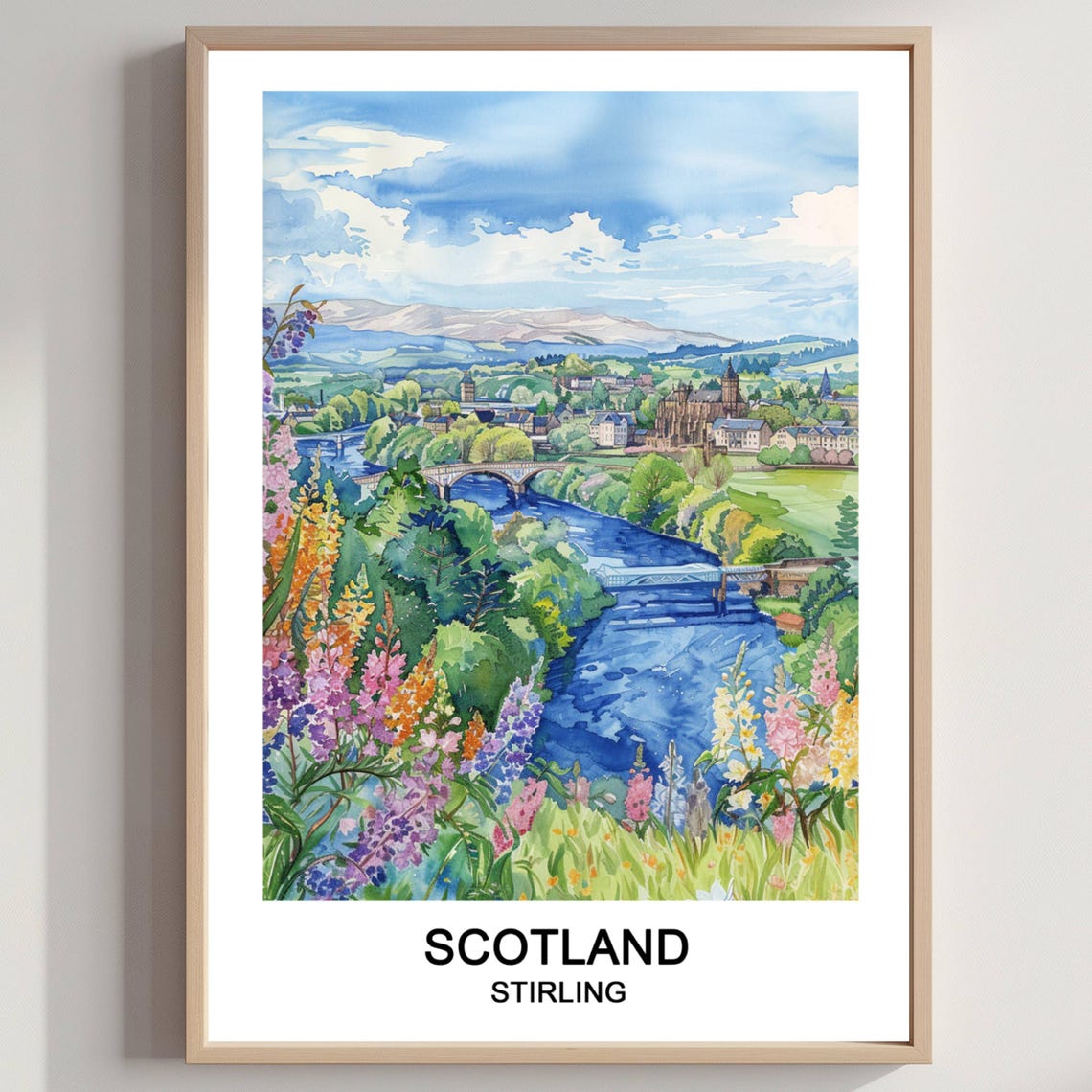 Stirling Scotland River Castle Town Floral Watercolor Poster