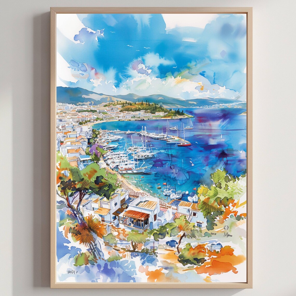 Bodrum Marina Sailboats Aegean Coast Turkey Watercolor Scene Poster