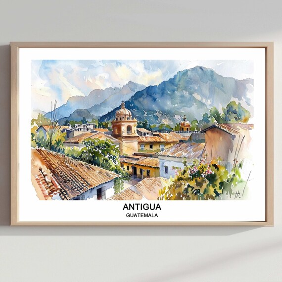 Antigua Guatemala Colonial Church Mountain Watercolor Travel Poster