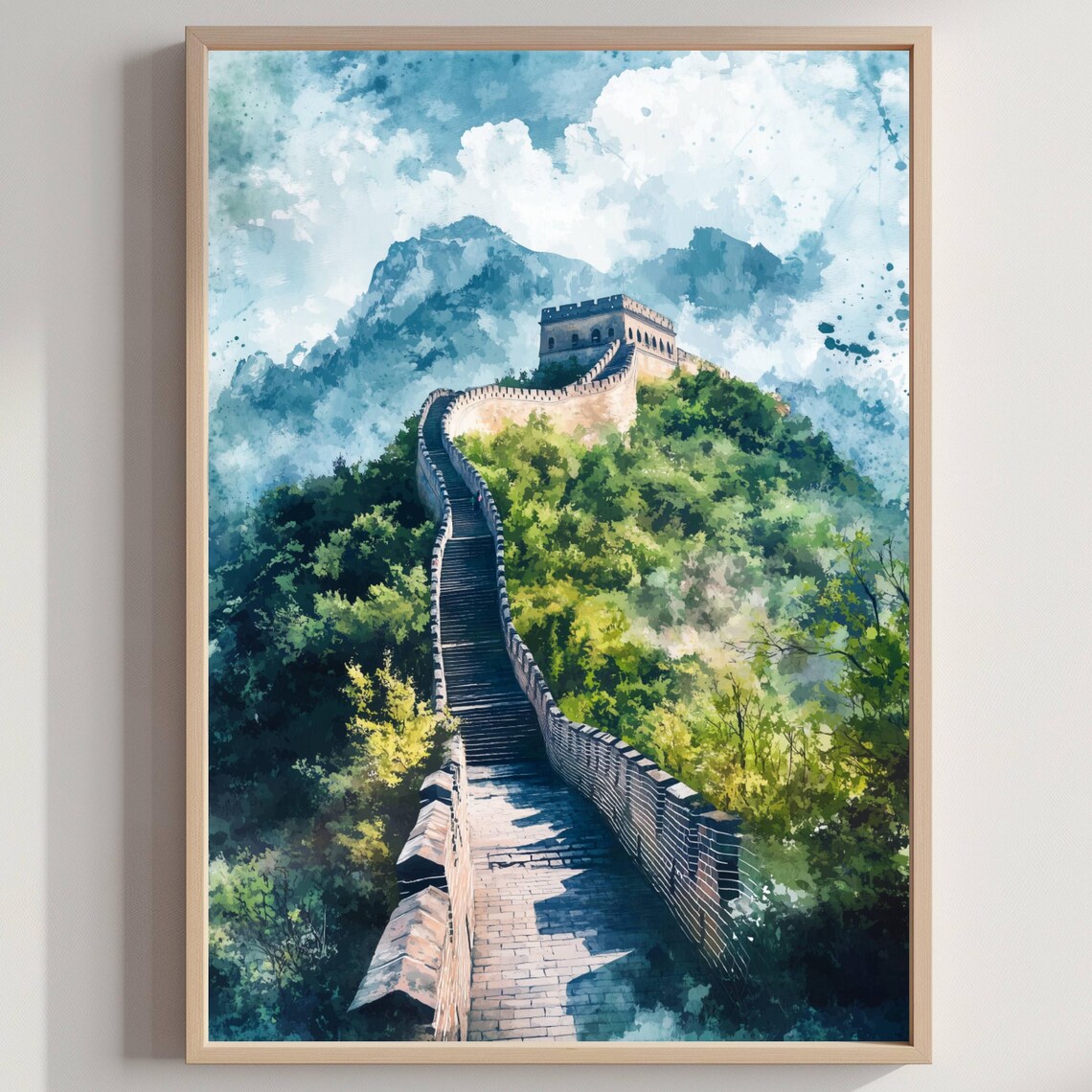 Great Wall Of China Watercolor Travel Poster Mountain Scenery