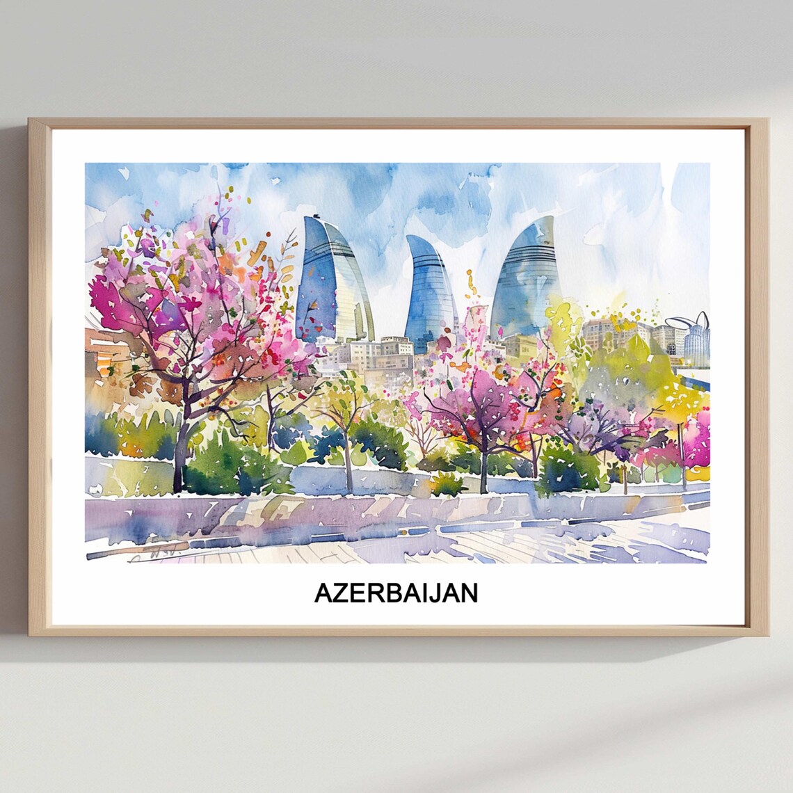 Baku Flame Towers Azerbaijan Watercolor City Skyline Travel Poster