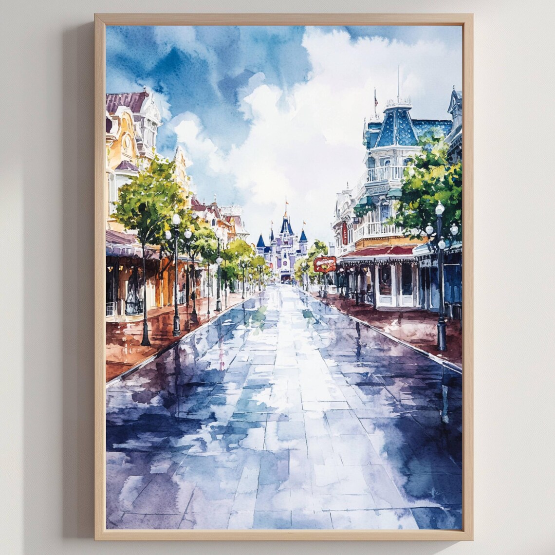 Disney World Main Street Castle Street Watercolor Travel Poster