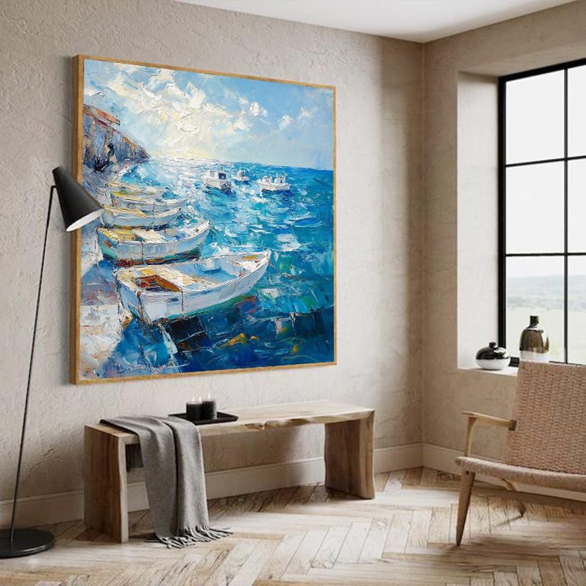 White Fishing Boats Bobbing on a Sparkling Blue Harbor Wall Art - Image 4