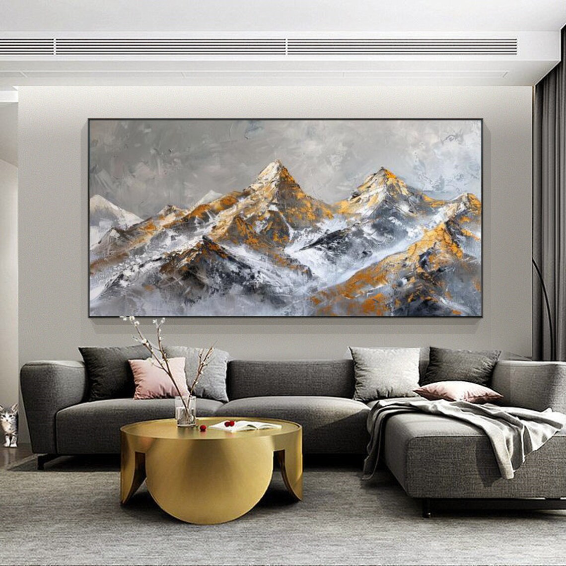 Majestic Golden Snow Capped Mountain Peaks Against Grey Sky Poster - Image 3