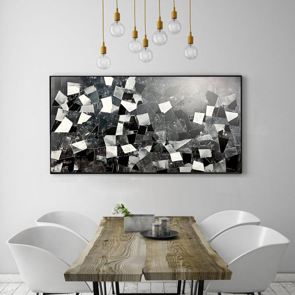Black White Gray Geometric Abstract Shards Panoramic Modern Art Poster - Image 3