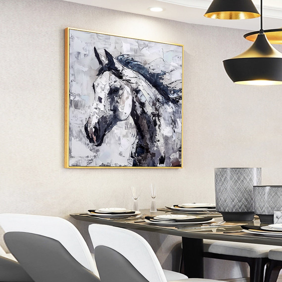 Gray White Horse Portrait Thick Palette Knife Expressive Art Poster - Image 4