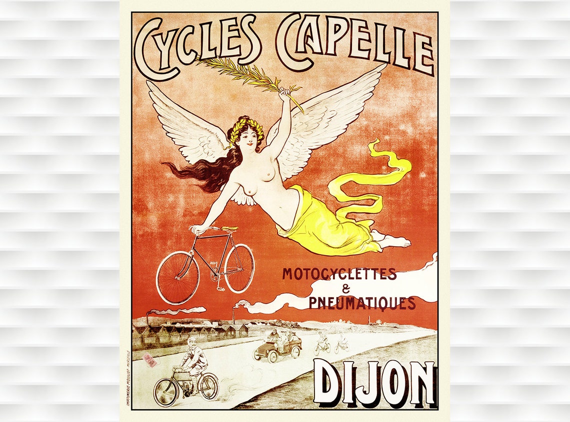 Cycles Capelle Dijon Winged Woman Flying Bicycle French Vintage Poster
