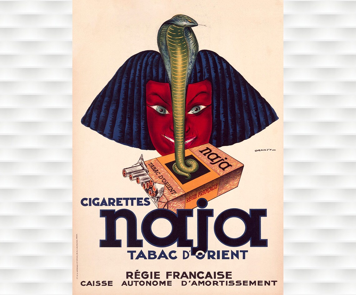 Naja Cigarettes Egyptian Cobra French Vintage Tobacco Ad Poster