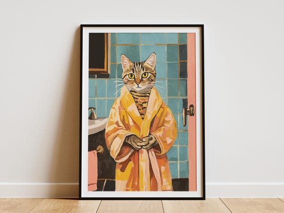 Bengal Cat Art Print In Bathrobe Poster Humorous Animal Quirky Bathroom Decor Funny Lover Gift Matisse Style