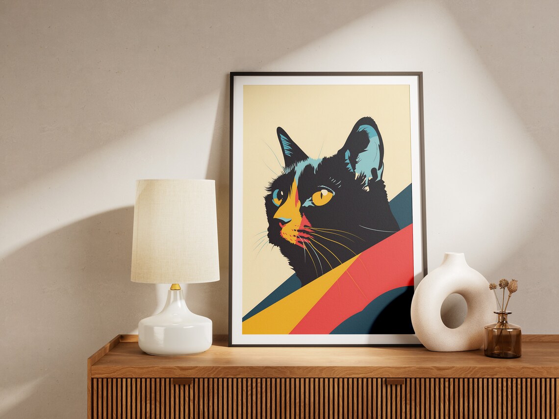 Pop Art Black Cat Face With Golden Eyes Colorful Animal Portrait Poster - Image 2