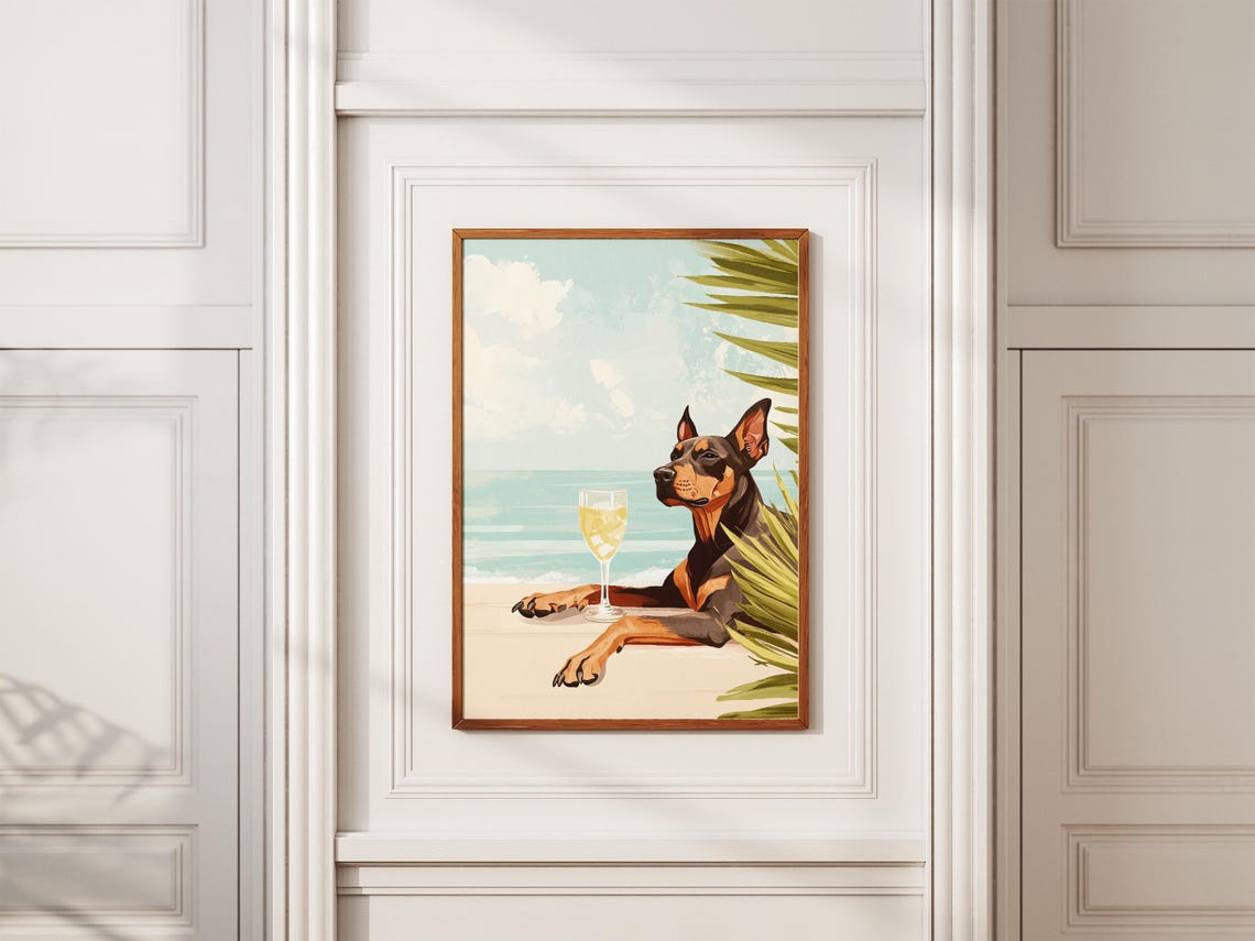 Doberman Pinscher Beach Poster Dog Art Print Summer Dog Coastal Dog Ocean Dog Canine Art Funny Dog Pet Lover Gift Modern Dog Poster - Image 2