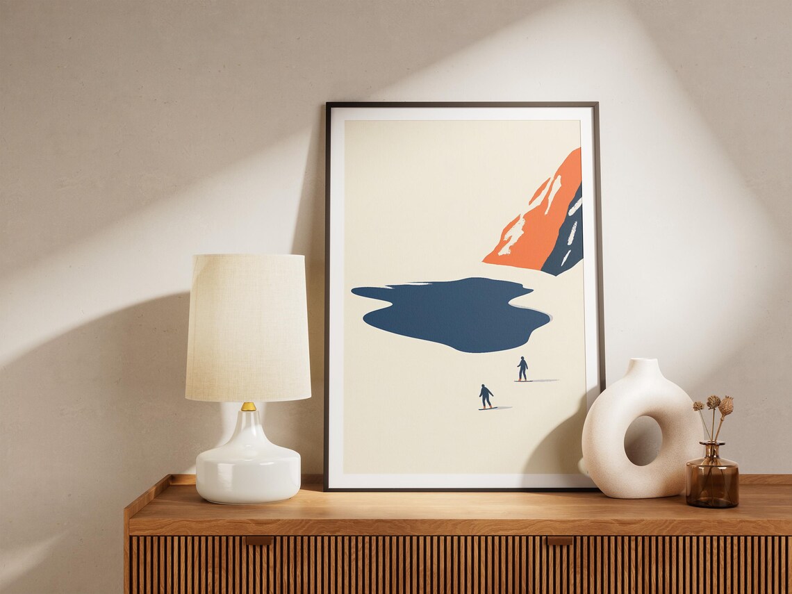 Minimalist Skiers Crossing Frozen Blue Lake Snowfield Poster - Image 5