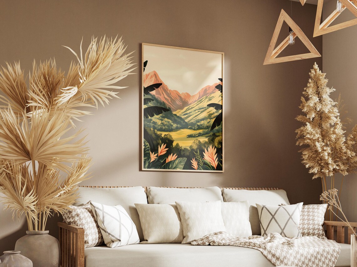 Tropical Mountain Valley With Heliconia Flowers and Pink Peaks Poster - Image 3