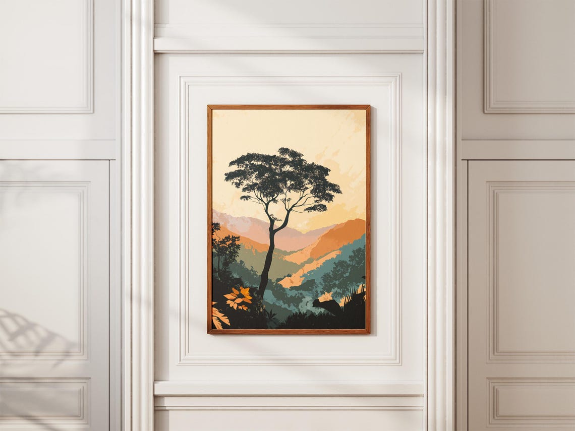 Lone Tree Silhouette Against The Sunset Mountains Travel Poster - Image 2