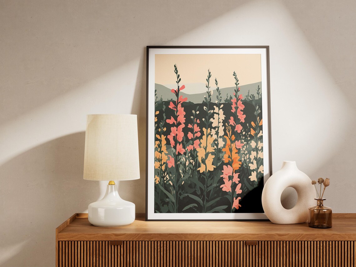 Colorful Snapdragon Flower Spikes in a Field at Dusk Art Poster - Image 5