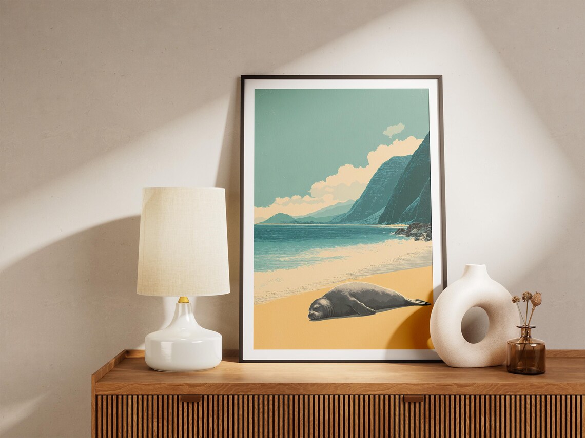 Sleeping Seal Tropical Beach Golden Sand Vintage Travel Poster - Image 4