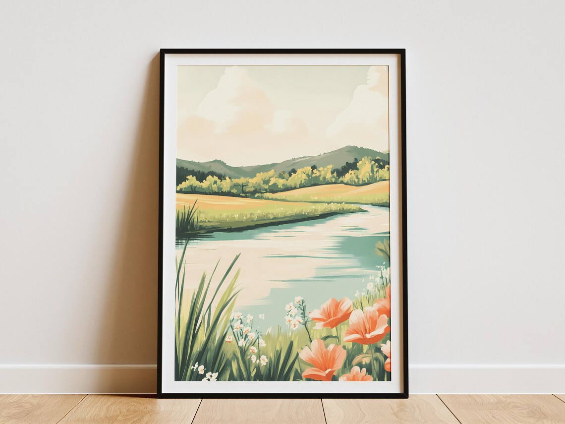 Wildflower River Through Golden Meadow Pink Poppies Scenic Art Poster