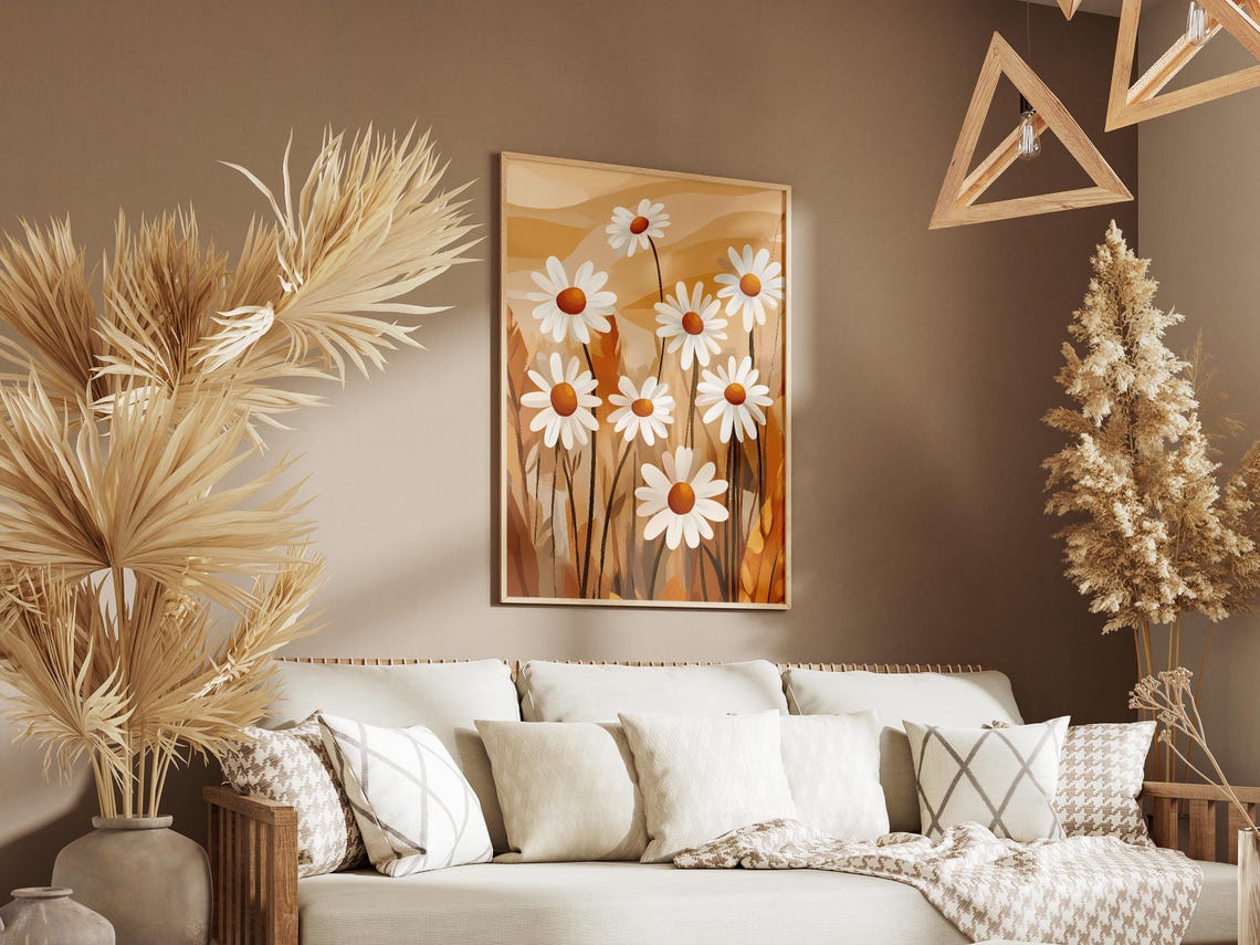 White Daisy Flowers on a Warm Beige Background Poster in Floral Style - Image 3
