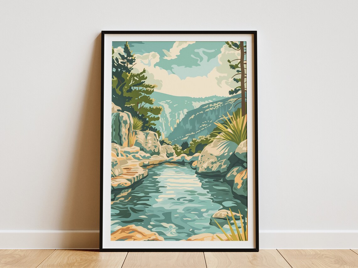 Vintage Mountain Stream Art Print Minimalist Forest Lake Landscape Wall