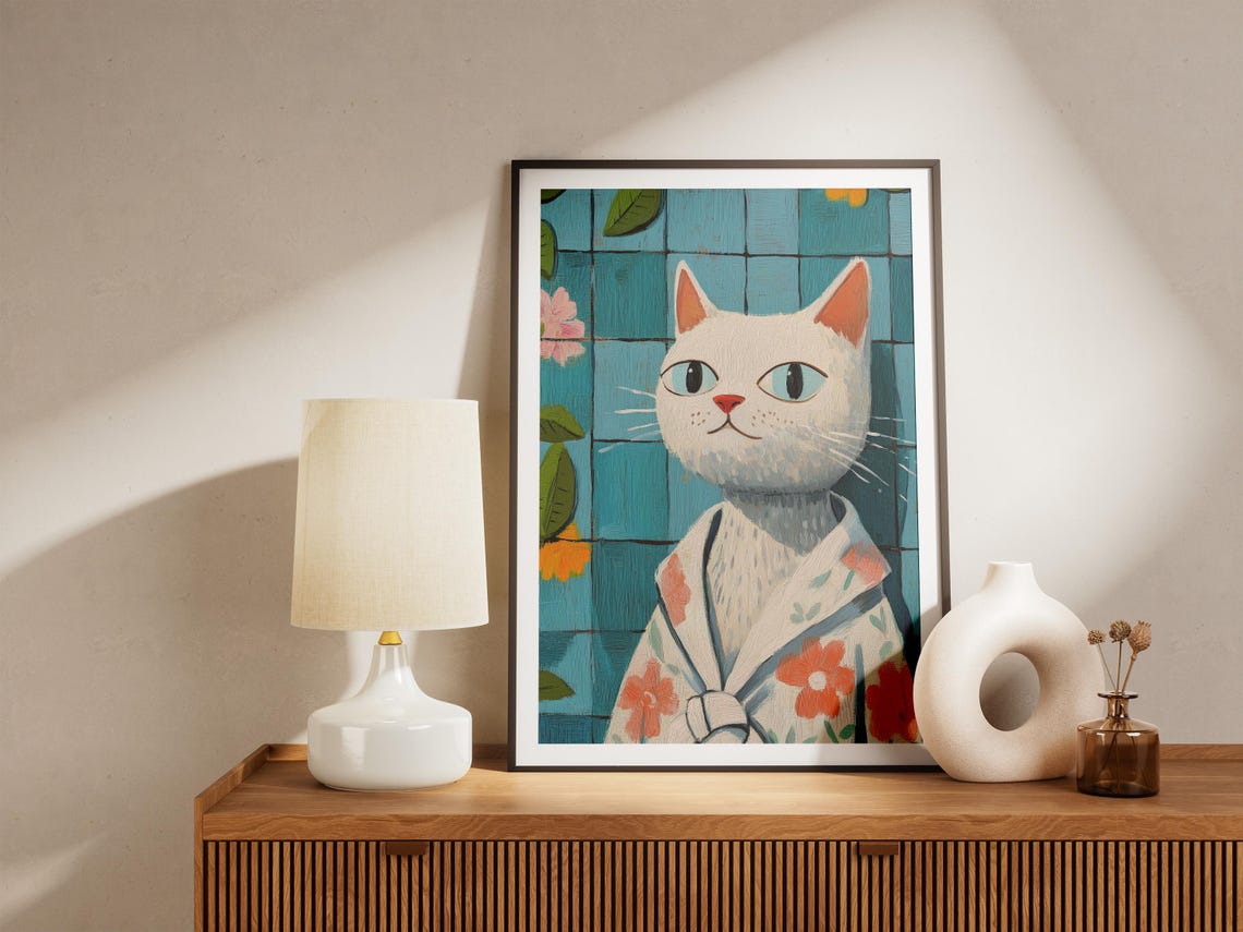 Munchkin Cat Bathrobe Art Print Matisse Style Poster Pet Portrait Cute Wall Bathroom Decor Trendy Lover Gift Modern Home - Image 4