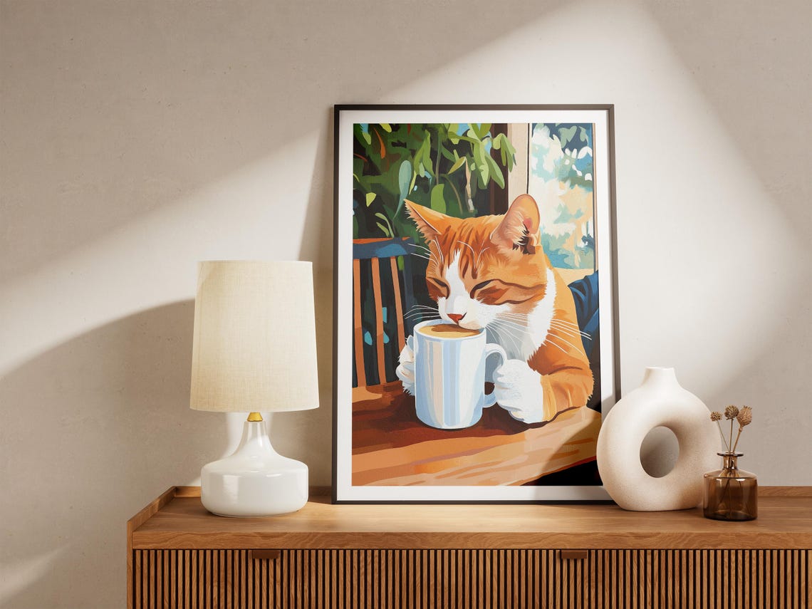 Orange Tabby Cat Drinking Coffee Sunny Cafe Table Art Poster - Image 4