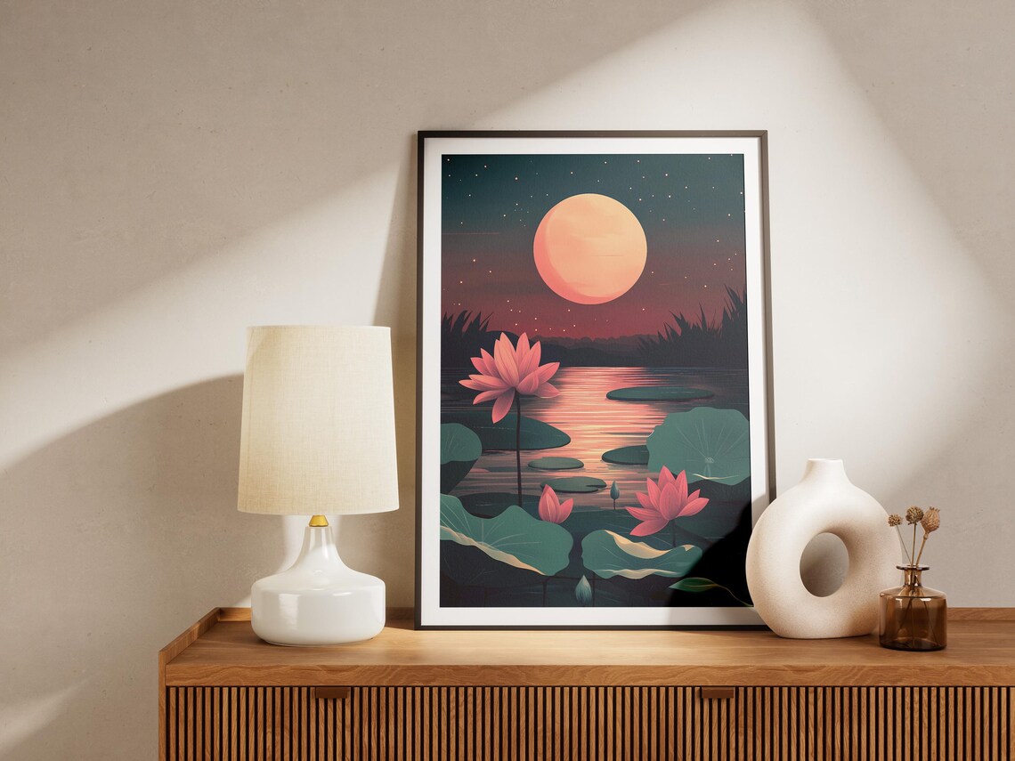 Full Moon Lotus Pond Night Pink Blossoms Zen Botanical Art Poster - Image 4