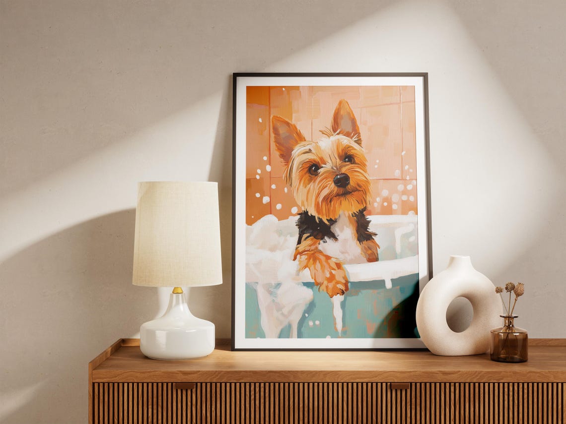 Yorkshire Terrier Puppy Bubble Bath Cheerful Painterly Art Poster - Image 4