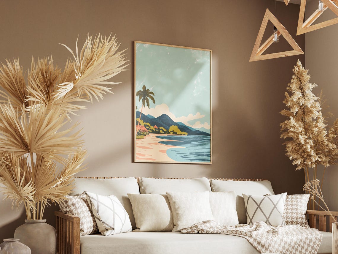 Tropical Island Beach with Huts and Mountains Vintage Poster - Image 3