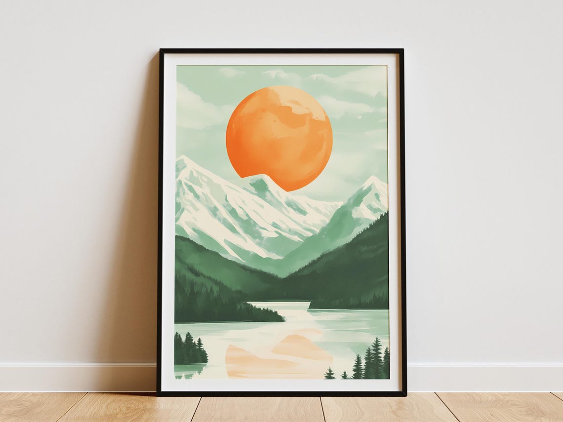 Huge Orange Sun Above a Green Snowy Mountain Lake Scene Poster