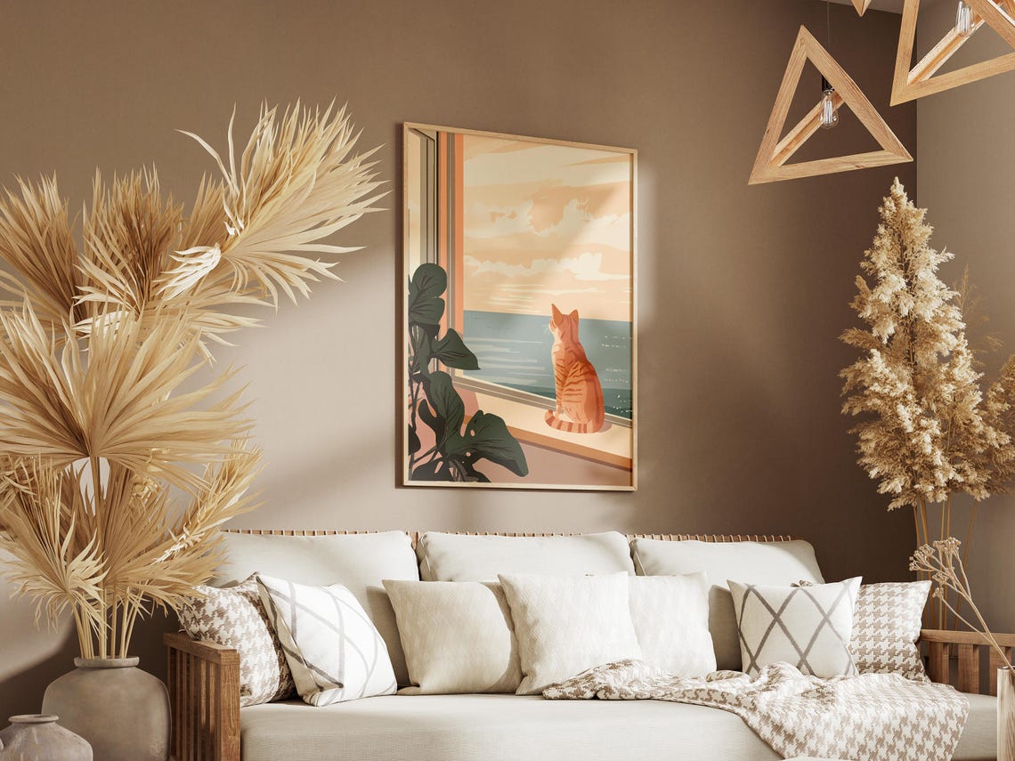 Sunlit Orange Tabby Cat on a Windowsill Gazing at the Ocean Poster - Image 3